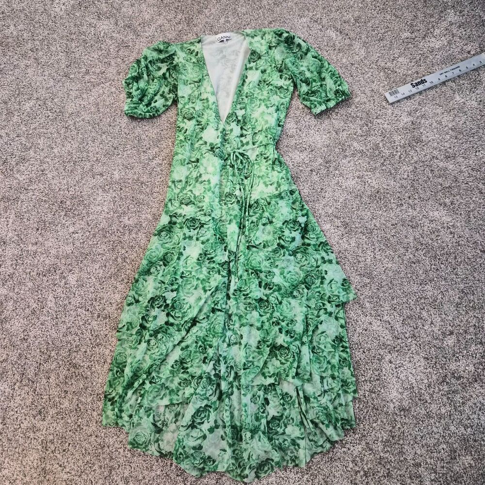 Ganni (EU 38) Island Green floral-print mesh wrap midi dress NWOT - Picture 3 of 9